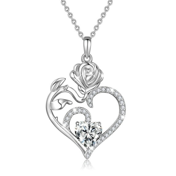 HESHPAWS 925 Sterling Silver Birthstone Necklace Rose Flower Heart Pendant Jewelry , Love Pendant Necklaces for Women With Birthstone Zirconia Christmas Valentines Mother's Day Gifts for Women Mom