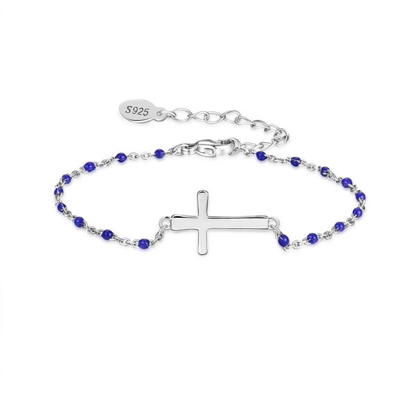 HESHPAWS S925 Sterling Silver Birthstone Cross Bracelet for Women ,Adjustable Religious Cross Bracelet Gift for Women （with Gift Box)