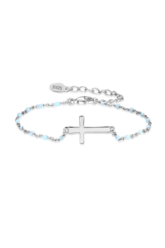S925 Sterling Silver Birthstone Cross Bracelet for Women ,Adjustable Religious Cross Bracelet Gift for Women (with Gift Box)