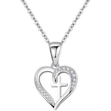 HESHPAWS S925 Sterling Silver Cross Necklace Heart Necklaces for Women Cross Chain Jewelry Gifts （with Gift Box)