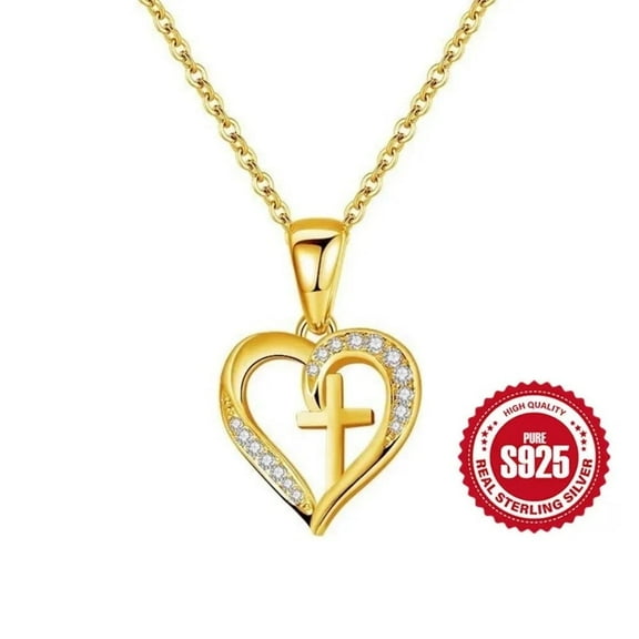 HESHPAWS S925 Sterling Silver Cross Pendant Necklace with Heart Design for Women, Gift Box Included