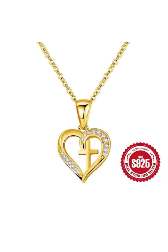 S925 Sterling Silver Cross Pendant Necklace with Heart Design for Women, Gift Box Included