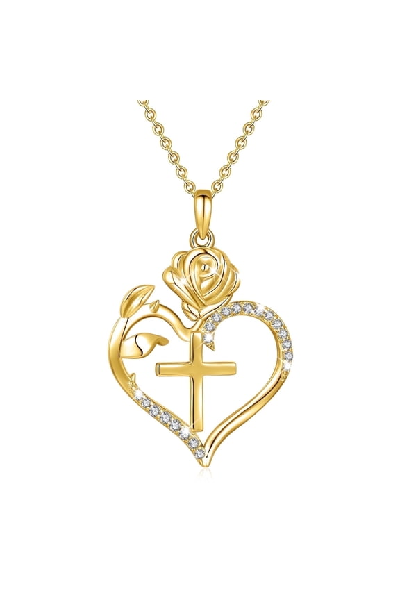 S925 Sterling Silver Cross Necklace rose Heart Necklaces for Women Cross Chain Jewelry Gifts (with Gift Box)