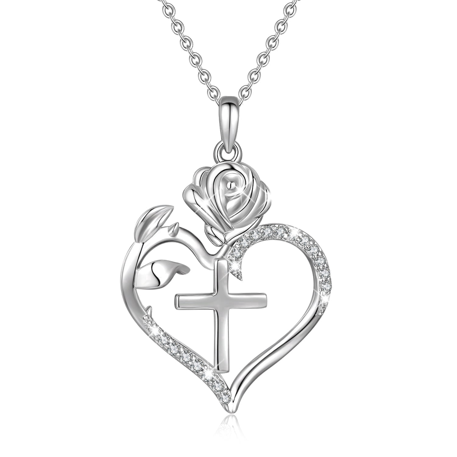 Heshpaws  925 Sterling Silver Cross Necklace, Rose Heart Pendant Necklaces for Women, Elegant Cross Chain Jewelry Gifts with Gift Box, Ideal Mother's Day Gifts for Women Mom