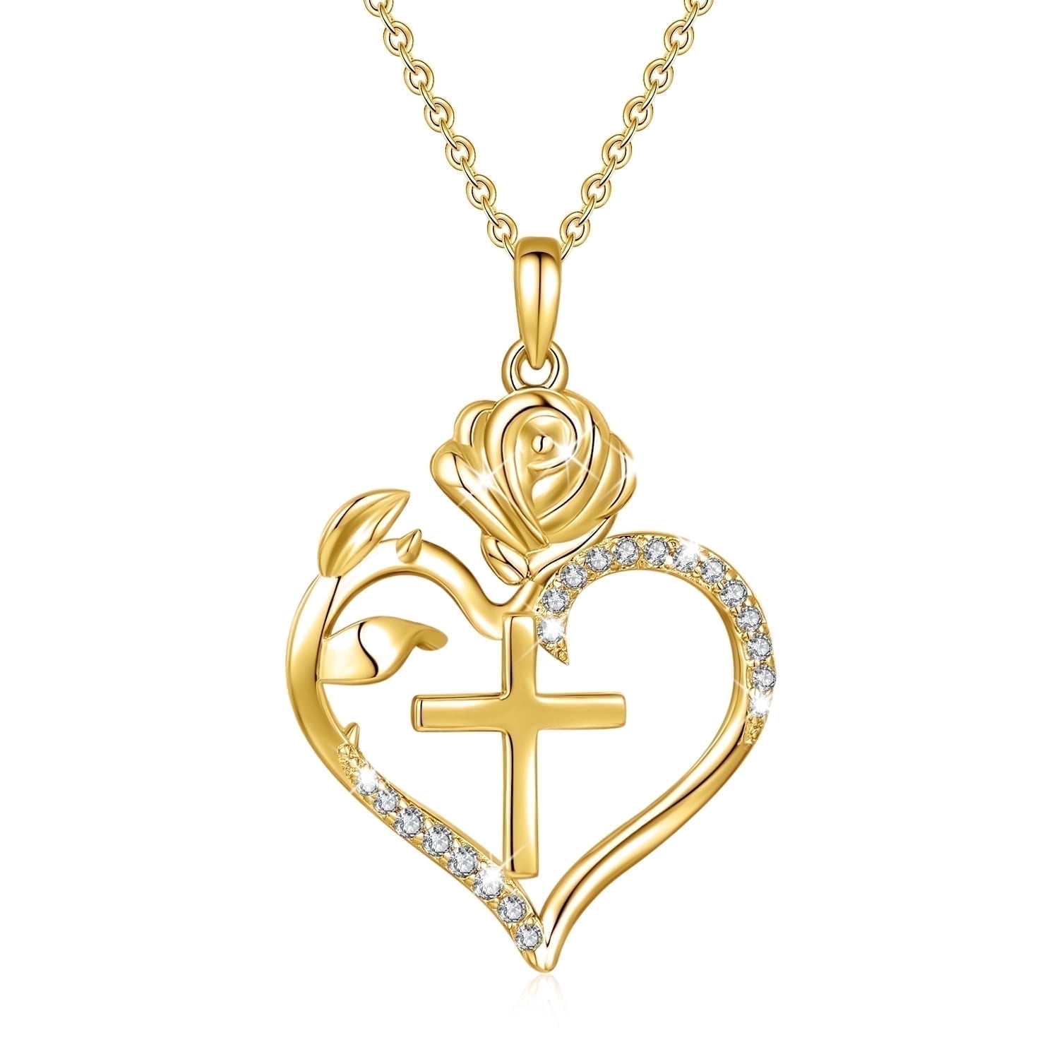 Heshpaws  925 Sterling Silver Cross Necklace, Rose Heart Pendant Necklaces for Women, Elegant Cross Chain Jewelry Gifts with Gift Box, Ideal Mother's Day Gifts for Women Mom