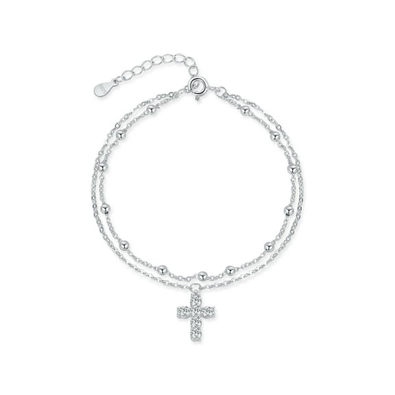 HESHPAWS S925 Sterling Silver Double layered Cross bracelet for Women ,Adjustable Cross Faith Bracelet Stylish and Simple Diamond Studded Religious Cross Jewelry with Gift Box