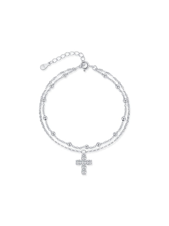 S925 Sterling Silver Double layered Cross bracelet for Women ,Adjustable Cross Faith Bracelet Stylish and Simple Diamond Studded Religious Cross Jewelry , with Gift Box