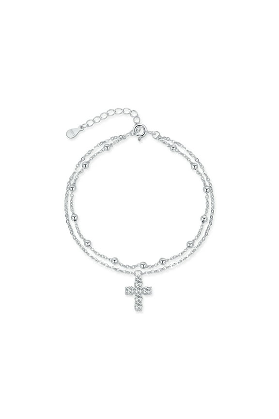 S925 Sterling Silver Double layered Cross bracelet for Women ,Adjustable Cross Faith Bracelet Stylish and Simple Diamond Studded Religious Cross Jewelry , with Gift Box