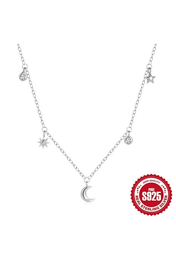 Stars and Moon Clear, Cubic Zirconia Stars and Moon Necklace, Sterling Silver