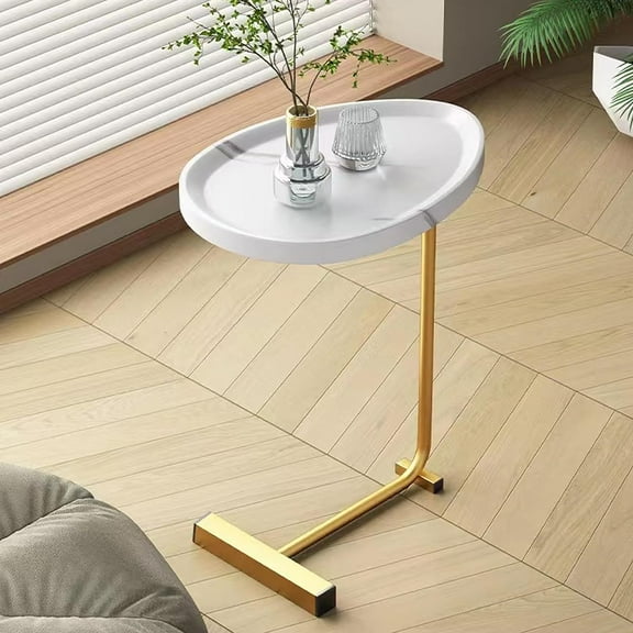 HESIEU C Shape Side Table Small Sofa Table, MDF top Gold Metal Frame Nightstand end Table Teardrop Shaped Frame Suitable for Living Room, Bedroom, bar or Office