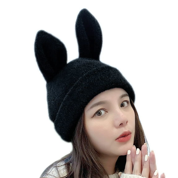 HESITONE Autumn Street Knitting Beanie Hat Women Funny Bunny Ears Solid Color Skull Cap