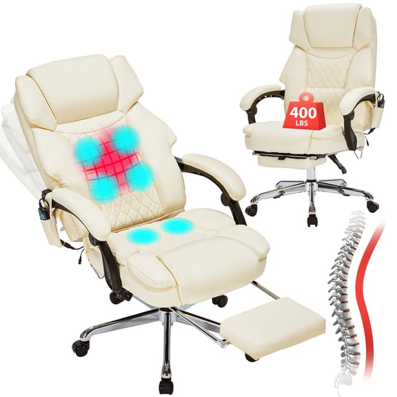 Office Chair With Six-point Vibration Massage And Lumbar Heated,Reclining Desk Chair With Footrest,Big And Tall Computer Chair,White