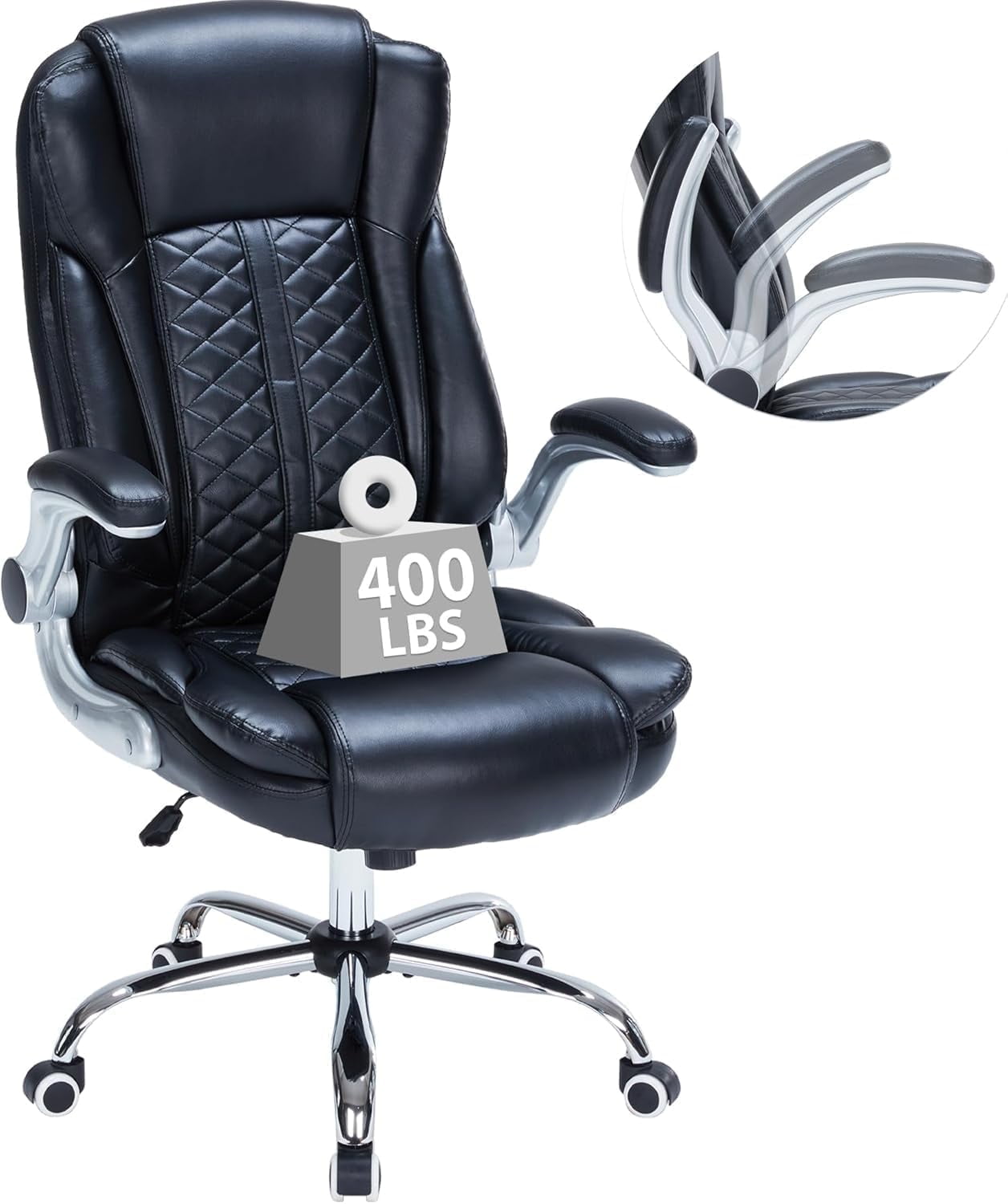 HESL Office Chair with Flip-Up Arms, Big and tall Office Chair with Rocking Mode, Desk Chair, Black