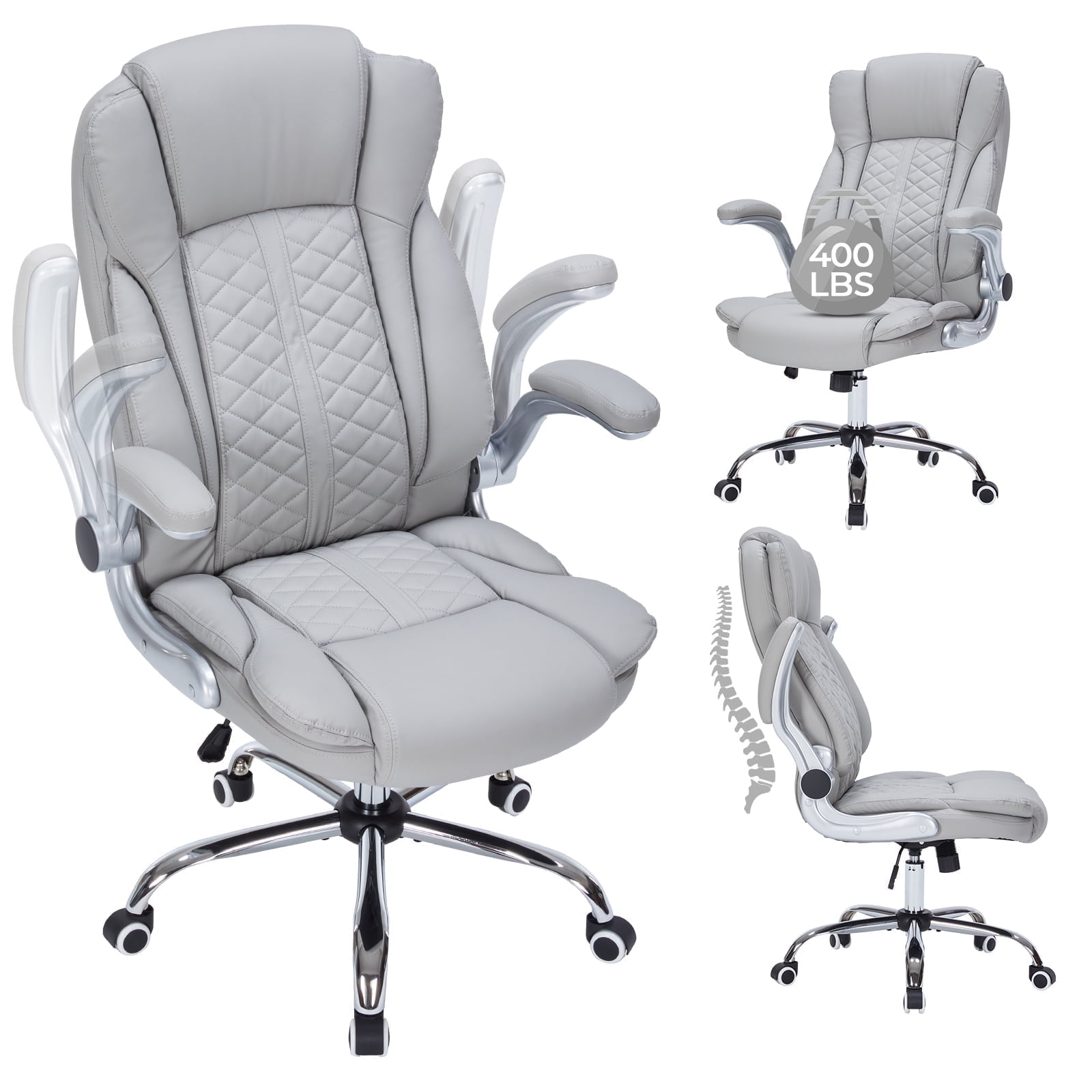 HESL Office Chair with Flip-Up Arms, Big and tall Office Chair with Rocking Mode, Desk Chair, GREY