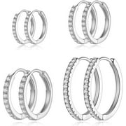 HESSAWELL Silver Hoop Earrings For Women Cubic Zirconia Hoop Earrings Set Mens Lightweight Small Huggie Hoops Hypoallergenic Silver Earrings Set for Girls Fashion Jewelry (4 Sizes)