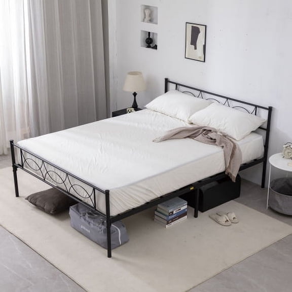 HESTINYSU Queen Size Bed Frame with Headboard Heavy Duty Metal Platform Bed Frame, Contemporary Design, Noiseless Bed with Steel Slatted Mattress Foundation, No Springs Required, Black