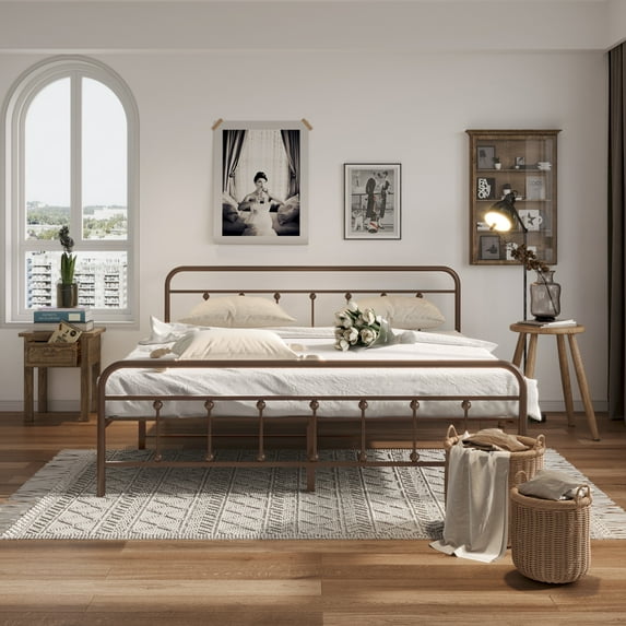 HESTINYSUS King Size Bed Frame,Metal Bed Frame with Headboard and Footboard Platform Mattress Base,No Box Spring Needed and Easy Assembly,Brown