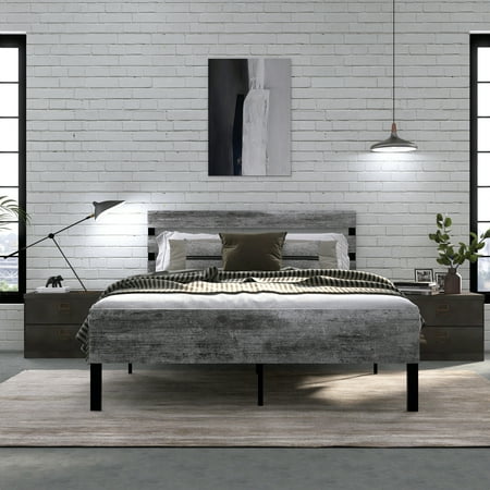 HESTINYSUS Metal and Wood Platform Bed Frame/No Box Boxes/Plate Support/Easy to Assemble/Queen Size/Gray