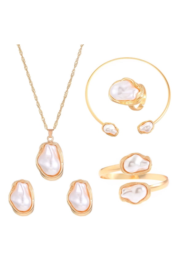 Baroque Pearl 5 Pieces Pendant Necklace Ring Earrings Bracelet Irregular Pearl Jewelry Set Gift Suitable for Women