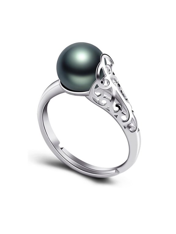 Black Pearl Rings for Women, Sliver 8mm Black Pearl Rings for Women Adjustable Open Ring Women Fashion Jewelry Gift