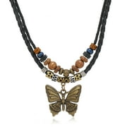 HETICA Bohemian Adjustable Layered Braided Butterfly Necklace with Wooden Beads and Leather Rope