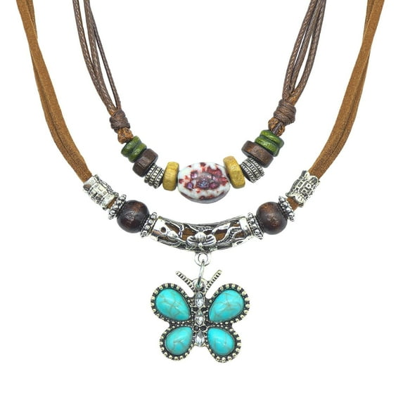 HETICA Beaded Hippie Necklace for Women, Adjustable Leather Rope with Wooden Beads and Turquoise Butterfly Pendant