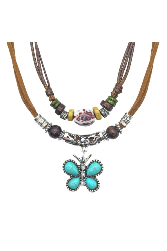 Beaded Hippie Necklace for Women, Adjustable Leather Rope with Wooden Beads and Turquoise Butterfly Pendant