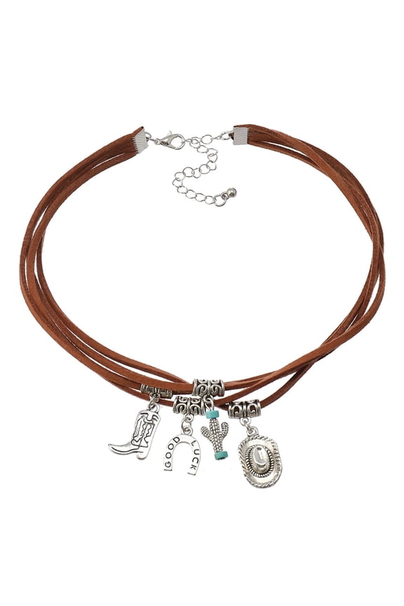 Boho Necklace for Women - Western Cowboy Style Necklace Adjustable Vintage Shoes Horseshoe Cactus Charm Pendant Necklace Fashion Necklace Jewelry for Women