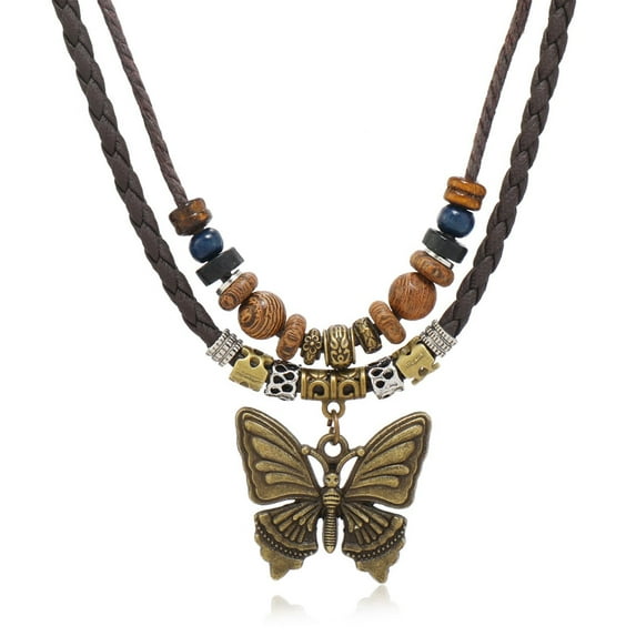 HETICA Bohemian Butterfly Necklace for Women, Adjustable Layered Design with Wooden Beads and Leather Rope
