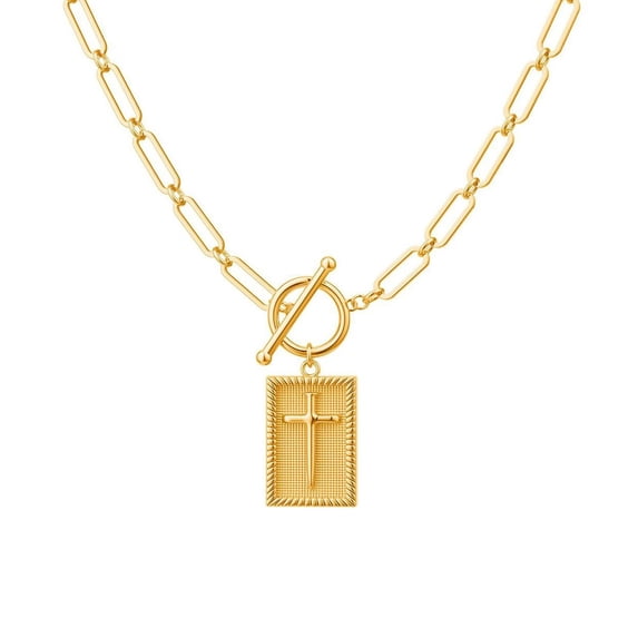 HETICA Chunky Cross Necklace Gold Silver Toggle Clasp Rectangle Cross Charm Paperclip Chain Necklace for Women Religious Simple Jewelry Gift