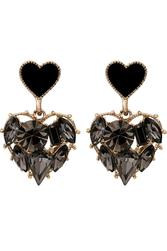 Double Heart Earrings for Women, Black Cubic Zirconia Heart Drop Earrings Love Heart Dangle Earrings Jewelry Gifts for Women