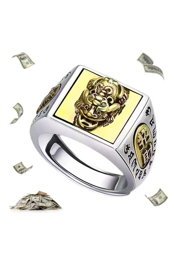 Feng Shui Pixiu Mantra Ring, Anillo Pixiu Feng Shui Ring for Men Women, Adjustable Wealth and Protection Good Luck Money Amulet, Buddhist Wide Surface Ring