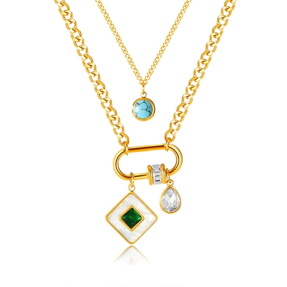 HETICA Gold Mother of Pearl Pendant Necklace for Women | Double Layered Turquoise & Cubic Zirconia | Delicate Stainless Steel Fashion Collar Chain | Perfect Gift Idea
