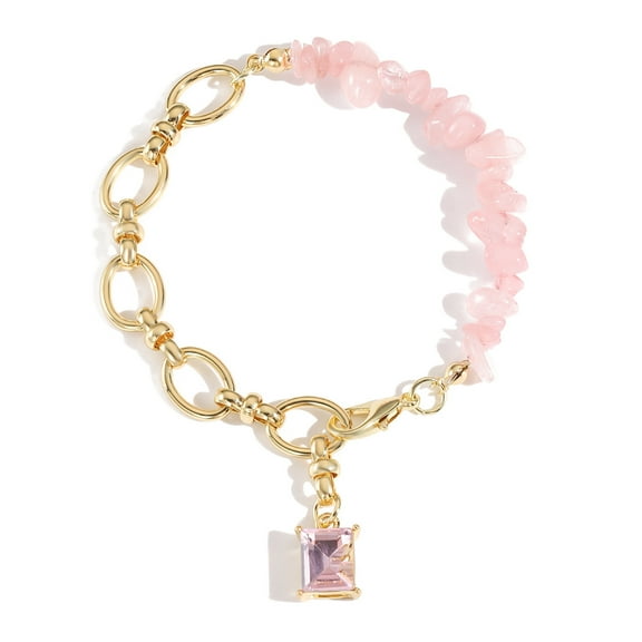 HETICA Pink Stone Chain Bracelet for Women Square Gem Charm Chunk Gold Link Bracelet Elegant Jewelry Gift Adjustable Comfortable Stylish Accessory Perfect for Special Occasion