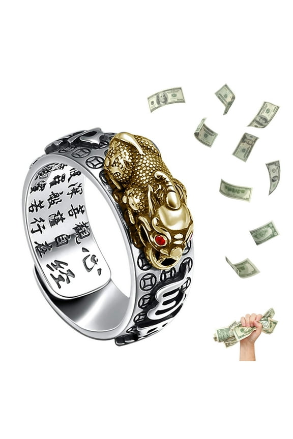 Pixiu Feng Shui Ring for Men Women, Adjustable Wealth and Protection Good Luck Money Amulet, Fortune Wide Face Ring