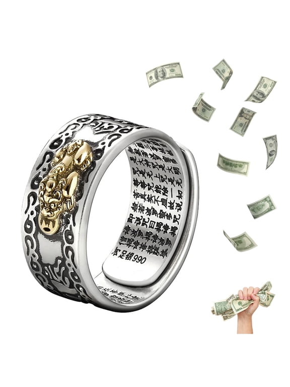 Pixiu Feng Shui Ring for Men Women, Adjustable Wealth and Protection Good Luck Money Amulet, Fortune Wide Face Ring