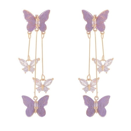 HETICA Purple Butterfly Tassel Zirconia Drop Earrings for Women, Elegant Wedding Jewelry Gift