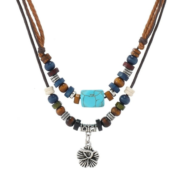HETICA Bohemian Tribal Flower Necklace with Turquoise & Wood Beads, Adjustable Braided Hemp Cords, Women's