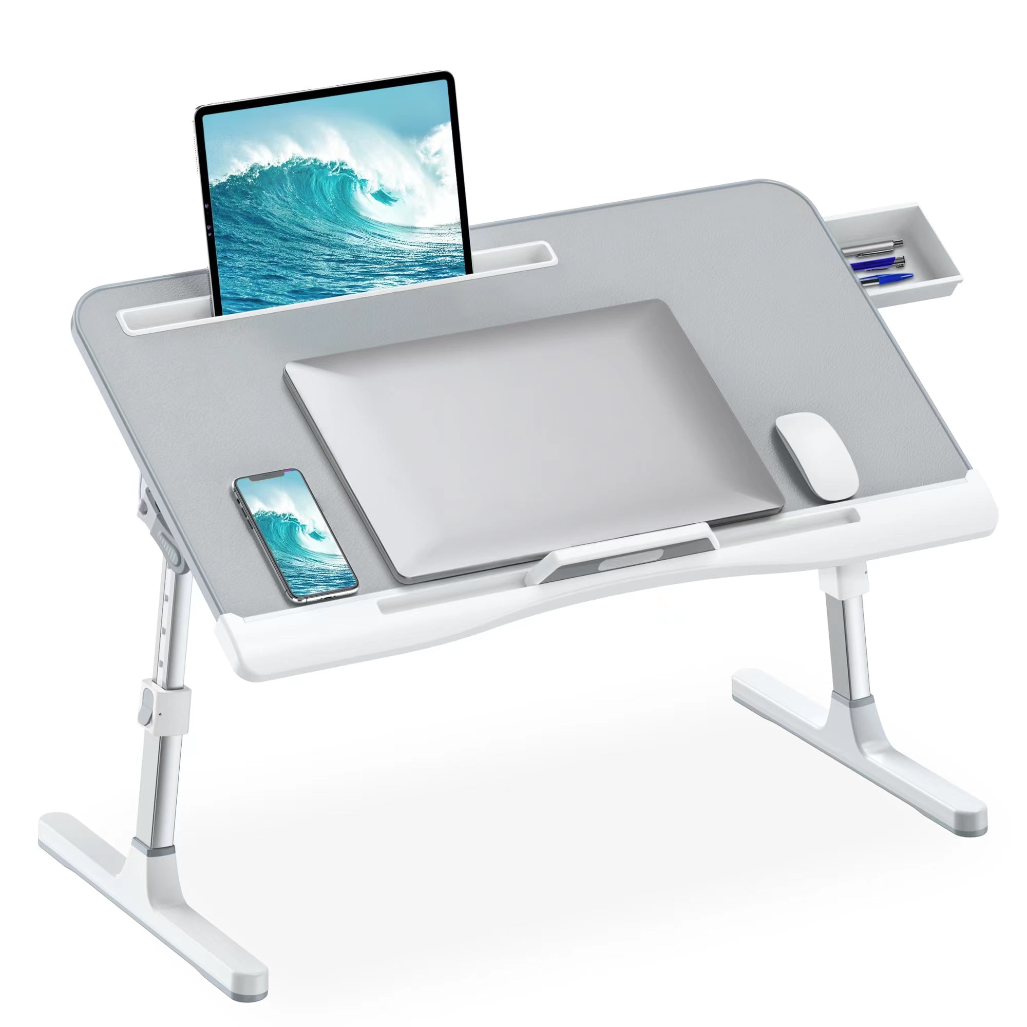 Adjustable Gray MDF Laptop Bed Desk with Storage Drawer