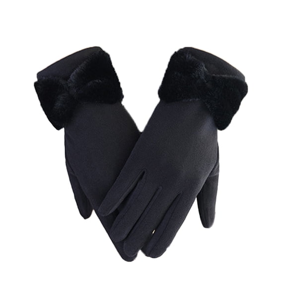 HEVIRGO 1 Pair Bowknot Decor Women Gloves Thickened Solid Color Autumn Winter Double sided Fleece Driving Gloves