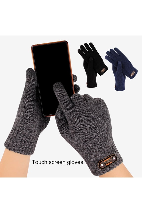 1 Pair Faux Leather Logo 3D Jacquard Ribbed Cuffs Thickened Fleece Lining Men Gloves Autumn Winter Knitted Gloves