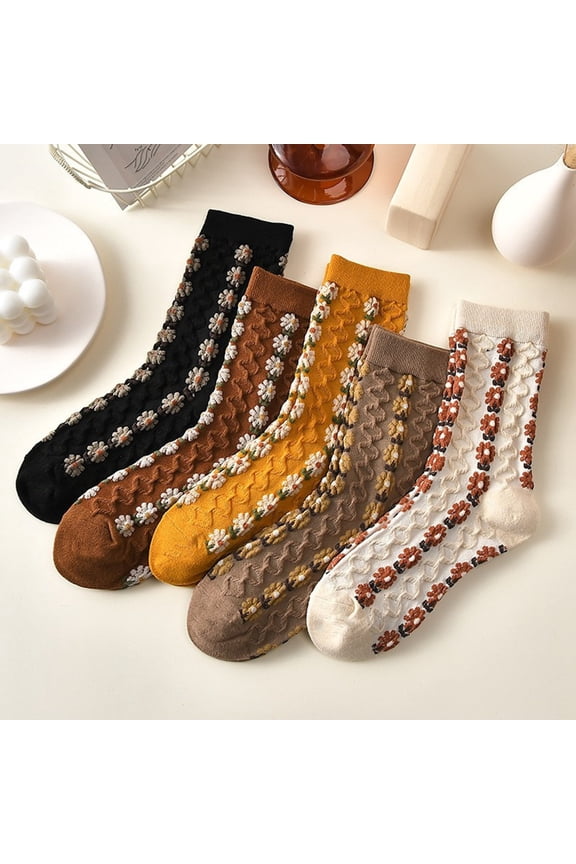 1 Pair Ladies Socks Flower Applique Vintage Forest Style Thick Anti-slip Warm Soft High Elasticity Winter Mid-tube Socks