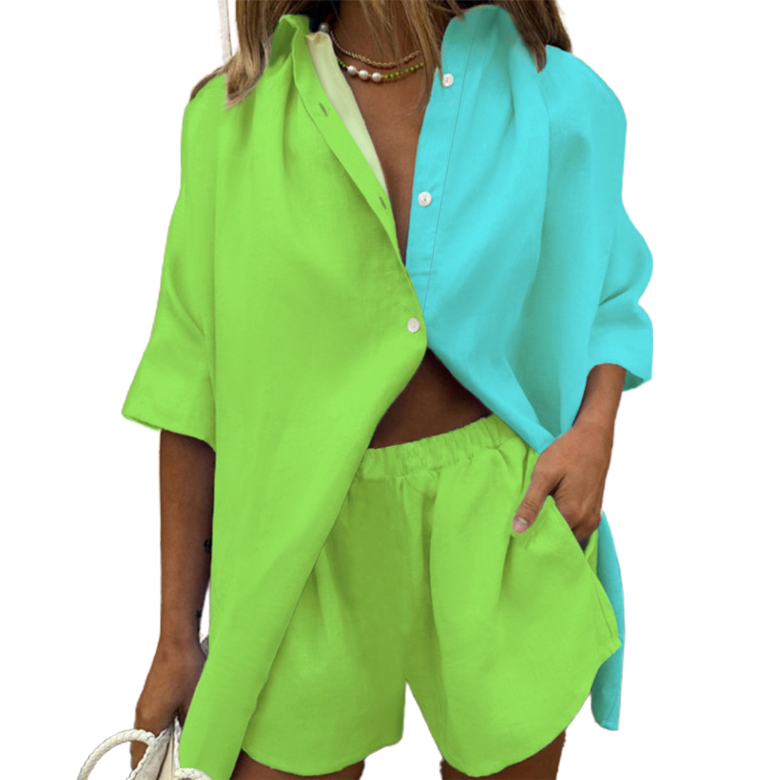 HEVIRGO 1 Set Women Shirt Shorts Color Block Loose Summer Single-breasted  Wide Leg Outfit for Daily Wear Green Polyester