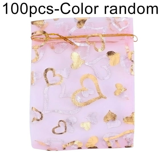 HEVIRGO 100Pcs Sweet Heart Print Drawstring Candy Bag Wedding Party Gift Jewelry Pouch Multi-color Organza