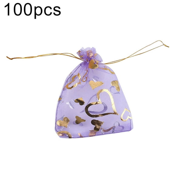 HEVIRGO 100Pcs Sweet Heart Print Drawstring Candy Bag Wedding Party Gift Jewelry Pouch Purple Organza
