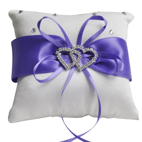HEVIRGO 10x10cm Romantic Bridal Wedding Ring Pillow Double Heart Ribbon Cushion Decor Purple Silk Polyester