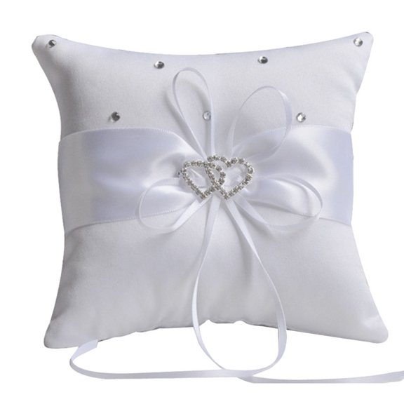 HEVIRGO 10x10cm Romantic Bridal Wedding Ring Pillow Double Heart Ribbon Cushion Decor White Silk Polyester