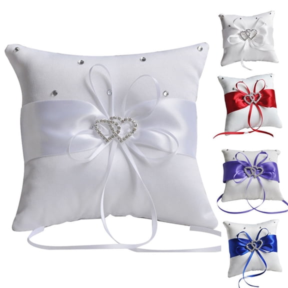 HEVIRGO 10x10cm Romantic Bridal Wedding Ring Pillow Double Heart Ribbon Cushion Decor
