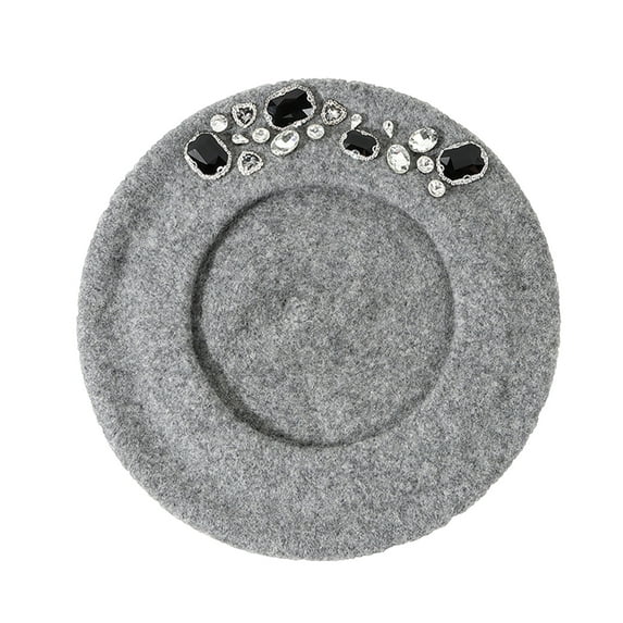 HEVIRGO 1PC French Beret Thick Rhinestone Decor Solid Color Brimless Thermal Decorative Wool Artist French Style Painter Hat Women Headwear,Grey