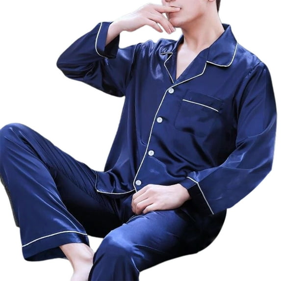 HEVIRGO 2 Pcs/Set Pajamas Suit Imitation Silk Single-breasted Cardigan Plus Size Men Nightclothes for Home,Blue 3XL